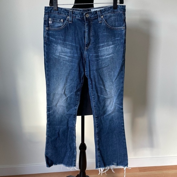 AG Adriano Goldschmied Jodi High Rise Slim Flare Crop Raw Hem Jeans EUC Size 29